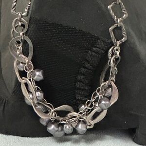 Chico‘s Necklace Gunmetal & Silver Round Metal Charms & Open Geometric Links